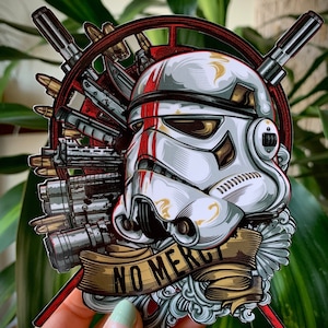 May include: A white and red Stormtrooper helmet with a gold trim and a banner that reads "NO MERCY". The helmet is surrounded by various weapons and ammunition.