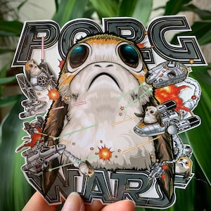 May include: A white and orange Porg character from Star Wars is depicted in a comic book style illustration. The Porg is surrounded by spaceships and lasers, with the text "Porg War" in large, bold letters.