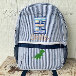 Embroider kids backpack, Dinosaur backpack, Personalized kids backpack, seersucker backpack, boy&#39;s backpack