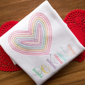 Valentines day girls shirt, embroider rainbow heart shirt, be kind shirt