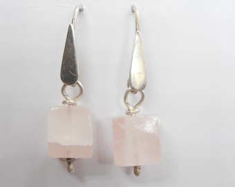 925 Silver Earrings with Natural Rose Quartz - Pendants with Hook - Hard Stone -