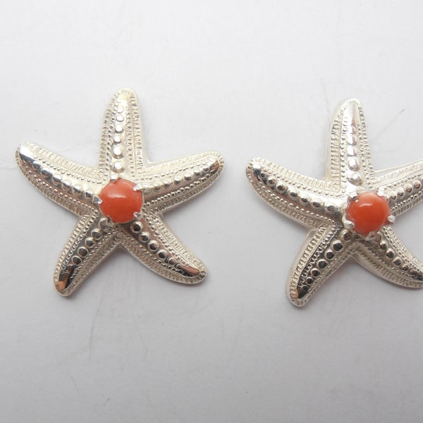 Lobe earrings with starfish in 925 silver and natural red coral - Echinoderma