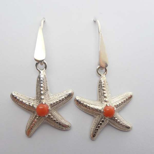 Pendant Earrings with Starfish in 925 Silver and Natural Red Coral - Little Flower -