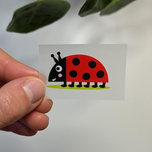Könnte beinhalten: Ein roter und schwarzer Marienkäfer-Aufkleber mit einem weißen Gesicht und schwarzen Augen. Der Marienkäfer befindet sich auf einem grünen Hintergrund.