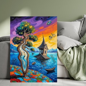 Melting Clock Tree Surrealist Art Print | House Lake Van Gogh Sky Inspired | Psychedelic Surreal Wall Decor | Premium Poster and Canvas