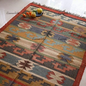 Handwoven Wool Jute Kilim Rug: Traditional Indian Dhurrie