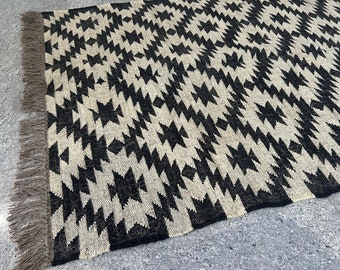 Indian Handwoven Wool Jute Kilim Rug Mosaic Area Rug Checkerboard Rug - Black White Rug Ecofriendly Area Rug BedSide Area Rug, Dhurrie kilim