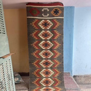 Handwoven Jute-Wool Kilim Stair Runner Rug: Multicolored Indian Traditional Design