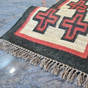 Handwoven Wool Jute Kilim Runner: Boho Stair Hallway Rug
