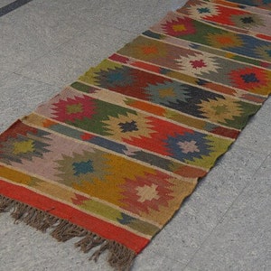 Handwoven Wool Jute Kilim Runner Rug: Oriental Geometric Design
