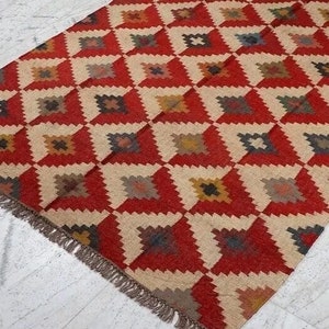 Handwoven Wool Jute Runner Rug: Red Geometric Hallway Carpet
