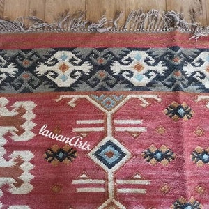 Handmade Wool Jute Kilim Rug, Handwoven Wool Jute Rug, Floral Design Rug, Flatweave Rug, Bohemian Rug, Indian Dhurrie Rug, Custom Size Rug