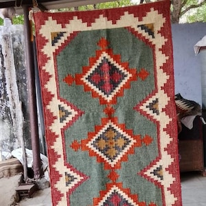 Handmade Wool Jute Kilim Runner Rug: Bohemian Stair Rug
