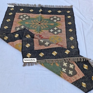 Handwoven Wool Jute Kilim Rug: Boho Indian Dhurrie Rug