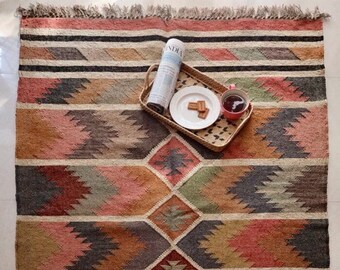 Natural Wool Jute Kilim Rug - Sustainable Wool Jute Rug, Rustic Wool Jute Floor Mat, Chunky Wool Jute Area Rug, Rug for Indoor and Outdoor