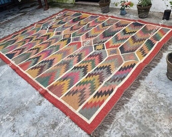 Handwoven Kilim Rug, Handwoven, Wool and Jute Rug Handmade, Kilim Dhurrie Rug, Traditional Indian Jute Area Rug