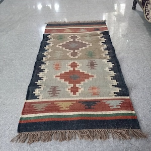 Alfombra Kilim de yute y lana con diseño de todos los colores, tejida a mano, de gran tamaño, personalizada, con flecos, para sala de estar, decorativa, para el hogar