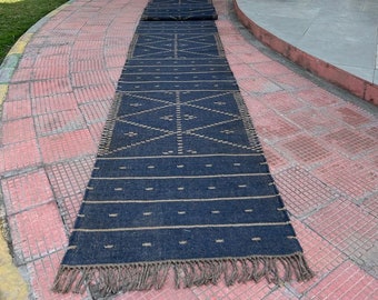 Handwoven Kilim Runner Rug: Wool Jute Blend, Geometric Design