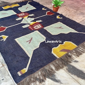 Handwoven Blue Floral Kilim Rug: Turkish Wool Jute Area Rug