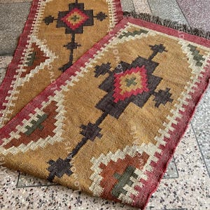 Handwoven Wool Jute Runner Rug, Boho Hallway & Stair Runner, Natural Kilim Carpet