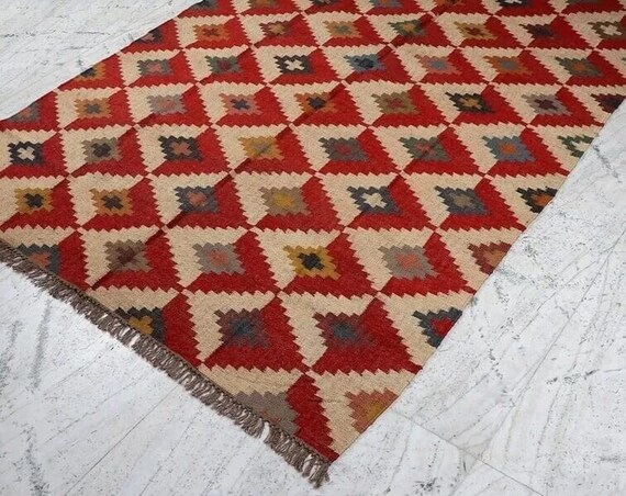 Handwoven Wool Jute Runner Rug: Red Geometric Hallway Carpet
