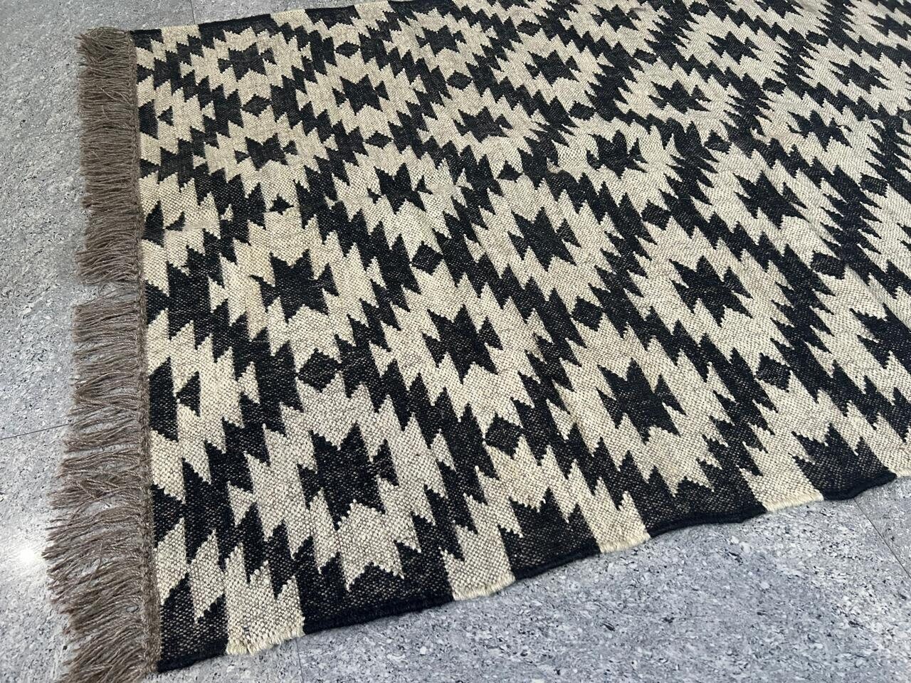 Handwoven Wool Jute Kilim Rug: Black & White Mosaic Checkerboard Design