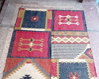 Handwoven Wool Jute Kilim Rug, Wool Jute Rug, Kilim Jute Rug, Flatweave Rug, Bohemian Rug, Indian Dhurrie Rug, Navajo Kilim Rug, Custom Rug,