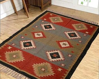 Handwoven Wool Jute Kilim Rug, Wool Jute Rug, Kilim Jute Rug, Flatweave Rug, Bohemian Rug, Indian Dhurrie Rug, Navajo Kilim Rug, Custom Rug