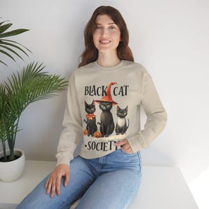 Black Cat Society Sweater, Halloween Gift Sweatshirt, Halloween Crewneck Jumper, Cozy Cotton Blend, Long Sleeve Sweater