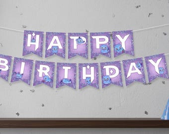 May include: A festive birthday scene with a banner that reads "HAPPY BIRTHDAY" in white letters on purple pennants. Balloons in shades of purple and blue, along with candles and a gift box, decorate the scene. A party hat is also present.