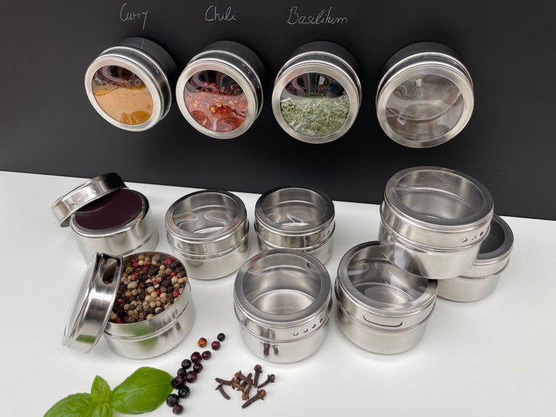 Stainless steel spice jars, magnetic, set of 12 image 1
