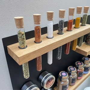 Oak spice rack with test tubes | Oak shelf ideal for storing spices | magnetic or for wall mounting