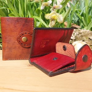 Cartera plegable, interesante patrón artesanal, piel curtida vegetal, ideal para regalar, unisex, regalo increíble para él/ella, monedero bohemio.