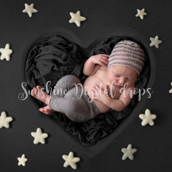 Starry night Grey heart bowl Digital backdrop with felted stars, newborn baby backdrop, photography Digital backdrop