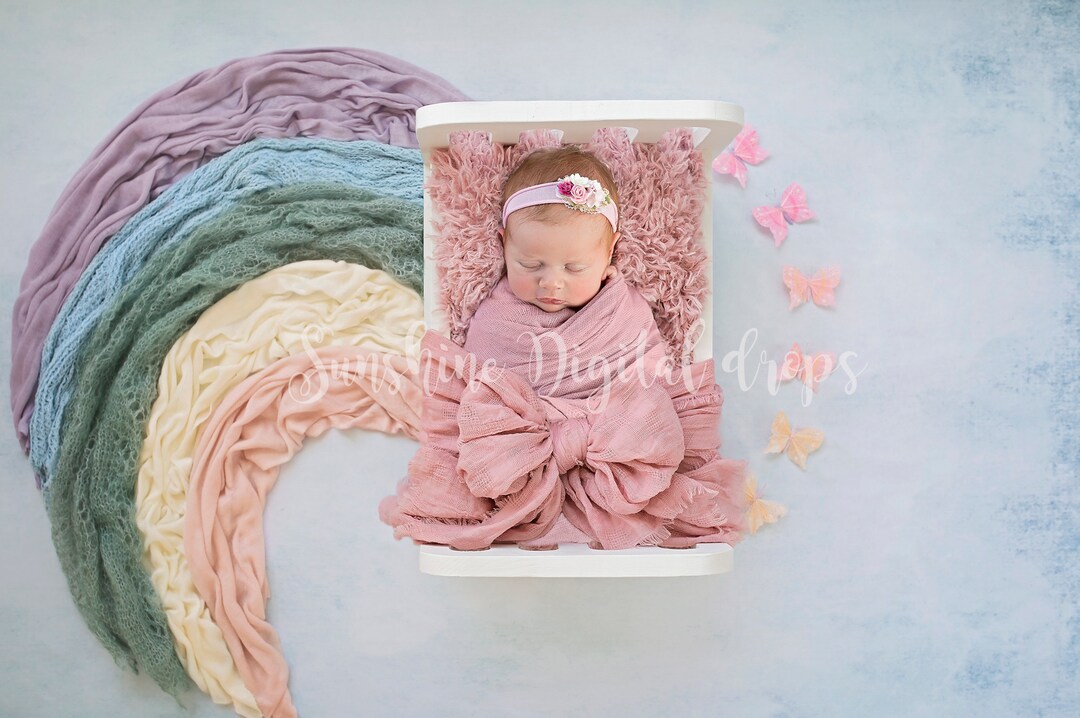 Rainbow Baby Digital Backdrop With Cozy Bed and Butterflies Newborn