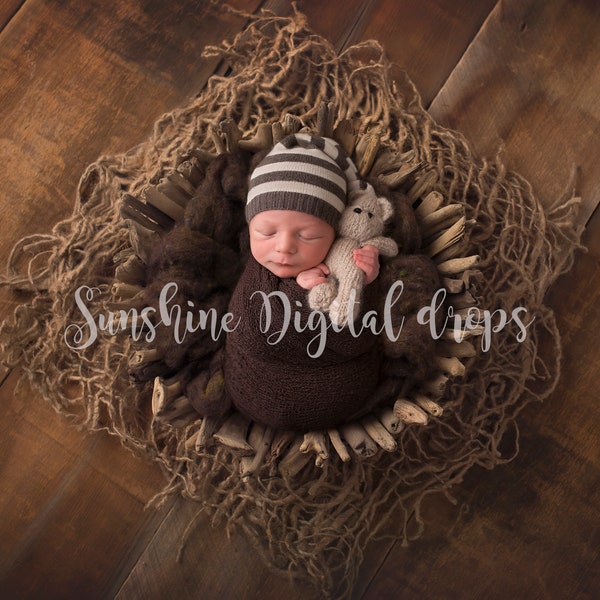 Driftwood bowl rustic brown wool newborn baby photography Digital backdrop on barn wood planks