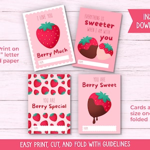 Tarjetas de felicitación de fresa imprimibles, Descarga digital, 4 diseños incluidos, Día de San Valentín, Regalo de cumpleaños, Tarjeta dulce de bayas, Juegos de palabras de fresa