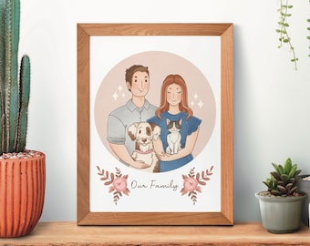 Portrait de famille personnalisé, Illustration de couple, portrait numérique, cadeau d’anniversaire, petite amie, illustration d’animal de compagnie, maman de chien, dame de chat, portrait de chien