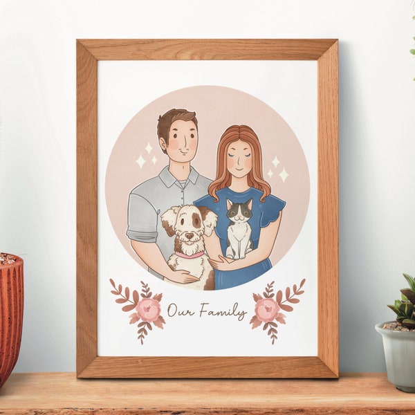 Custom Family Portrait, Couple Illustration, digital portrait, birthday gift, girlfriend, pet illustration, dog mom, cat lady, dog portrait