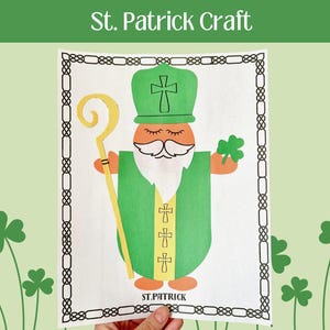 May include: A printable craft template featuring a cartoon illustration of St. Patrick holding a shamrock and a staff. The template is surrounded by a black and white border with a Celtic knot design. The text "St. Patrick Craft" is at the top of the template and "ST. PATRICK" is at the bottom.