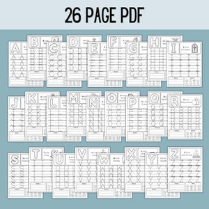 May include: A 26-page PDF workbook with tracing exercises for each letter of the alphabet. Each page features a letter, a word, and tracing lines. The workbook is designed for educational purposes and includes religious themes.