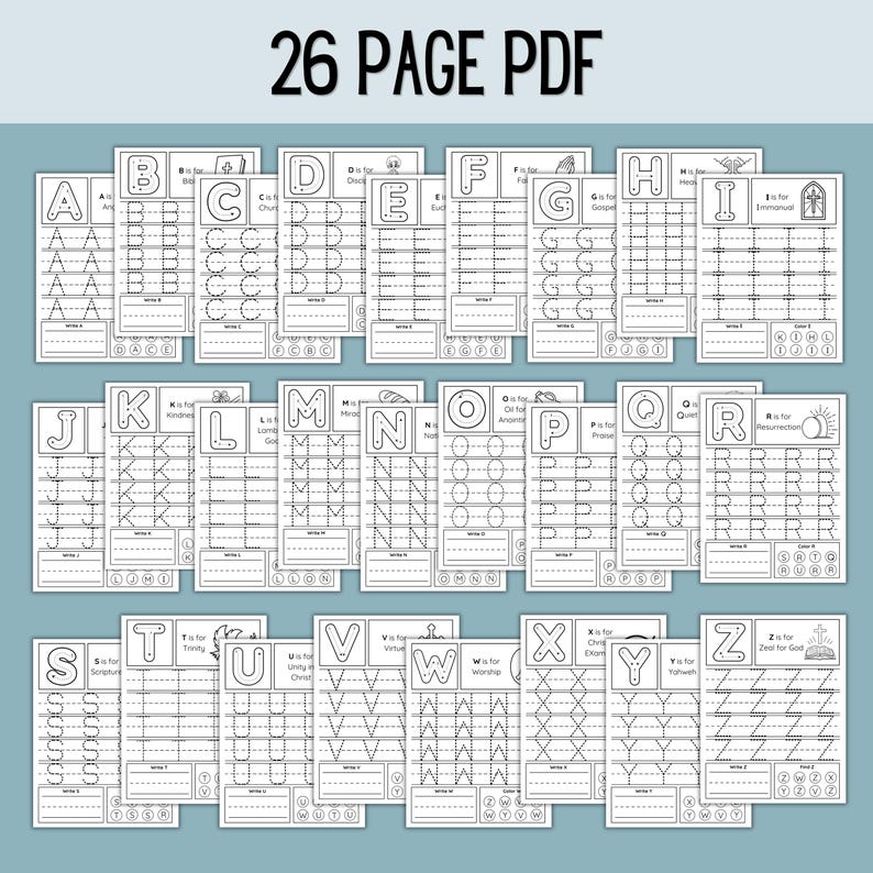 May include: A 26-page PDF workbook with tracing exercises for each letter of the alphabet. Each page features a letter, a word, and tracing lines. The workbook is designed for educational purposes and includes religious themes.