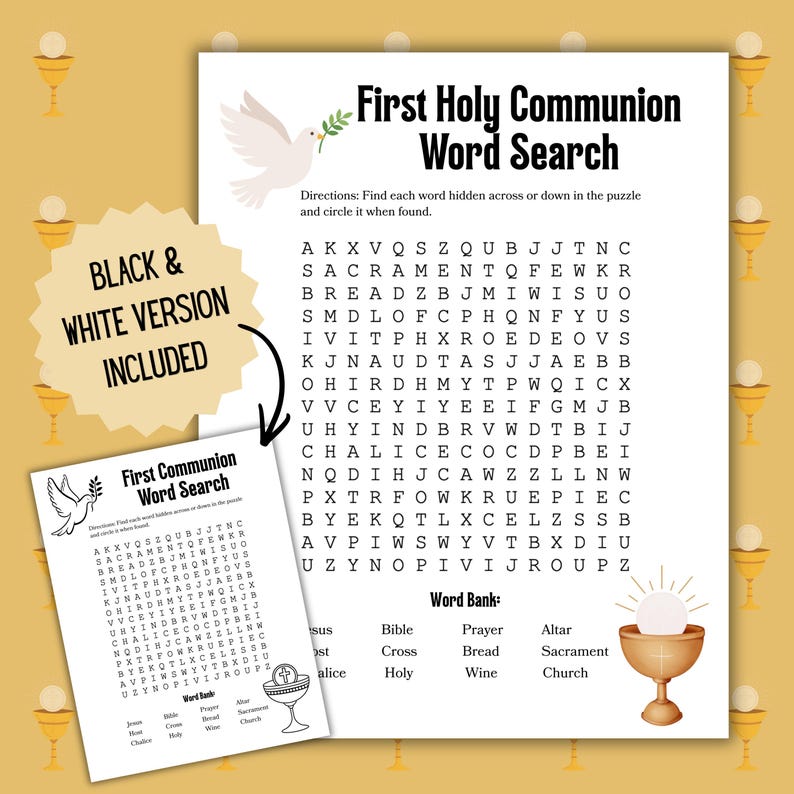 First Holy Communion Word Search for Kids, Sacrament Printables - Etsy