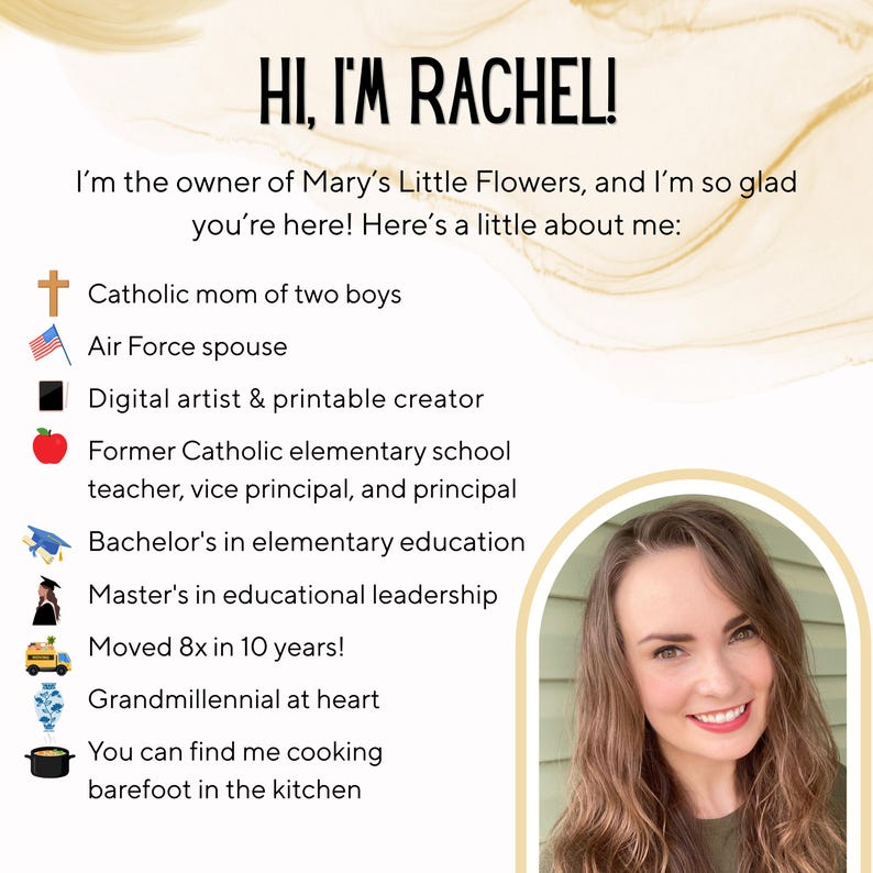 May include: A graphic with the text "HI, I'M RACHEL!" and a photo of a woman. The text introduces the owner of Mary's Little Flowers and lists facts about her, including "Catholic mom of two boys" and "Digital artist & printable creator."