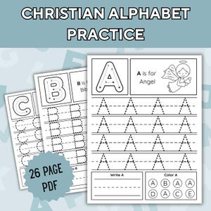 Op de afbeelding: Een stapel witte, bedrukbare werkbladen voor het oefenen van het christelijke alfabet. De werkbladen bevatten de letters A, B en C, met stippellijnen om te traceren en te schrijven. De tekst "CHRISTIAN ALPHABET PRACTICE" staat bovenaan.