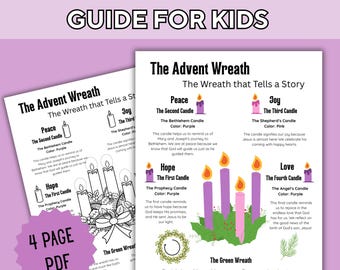 Puede incluir: Una guía educativa en PDF de 4 páginas titulada Advent Wreath Guide for Kids. El documento presenta dibujos lineales en blanco y negro de una corona de Adviento con velas, junto con ilustraciones en color de velas moradas y rosas, explicando el significado de la paz, la alegría, la esperanza y el amor a través del simbolismo de la corona.