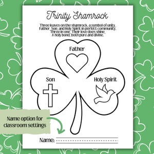 May include: A black and white printable colouring page of a shamrock with the words "Trinity Shamrock" at the top. The shamrock is divided into three sections, each with a symbol representing the Father, Son, and Holy Spirit. The text reads: "Three leaves on the shamrock, a symbol of unity, Father, Son, and Holy Spirit in perfect community. Three in one, Their love does shine, A holy bond, both pure and divine."