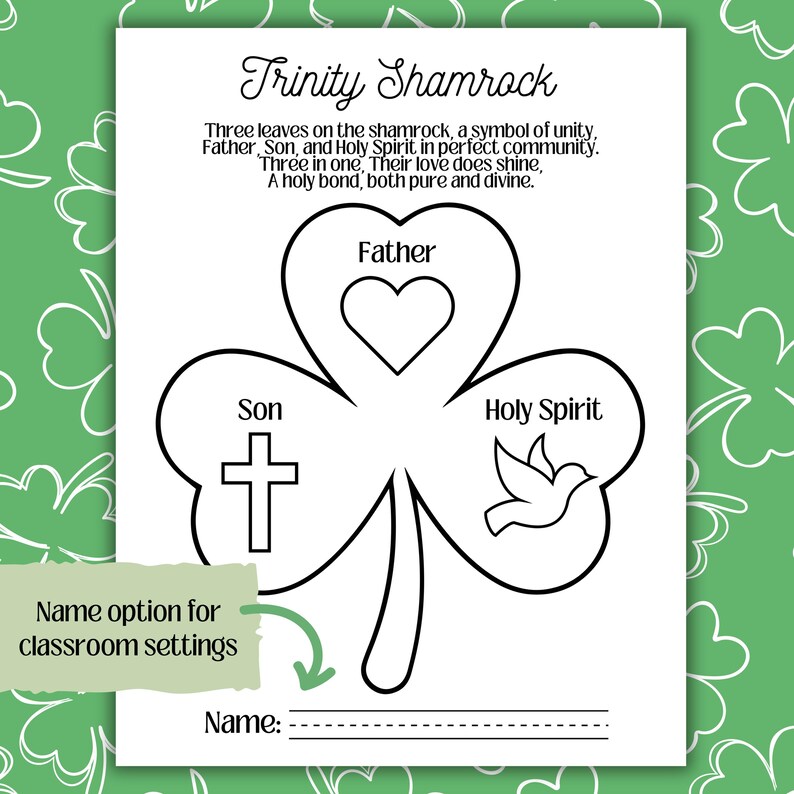 May include: A black and white printable colouring page of a shamrock with the words "Trinity Shamrock" at the top. The shamrock is divided into three sections, each with a symbol representing the Father, Son, and Holy Spirit. The text reads: "Three leaves on the shamrock, a symbol of unity, Father, Son, and Holy Spirit in perfect community. Three in one, Their love does shine, A holy bond, both pure and divine."