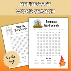 May include: Two Pentecost Word Search puzzle pages with the title at the top. One page has a 4-page PDF label. The word search puzzles have a list of words to find. The image includes a flame illustration.