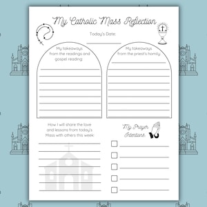 Puede incluir: Hoja de trabajo imprimible de reflexión sobre la misa católica con secciones para los puntos clave de las lecturas y la homilía, cómo compartir el amor y las lecciones de la misa y las intenciones de oración. La hoja de trabajo presenta un icono de iglesia y un rosario.